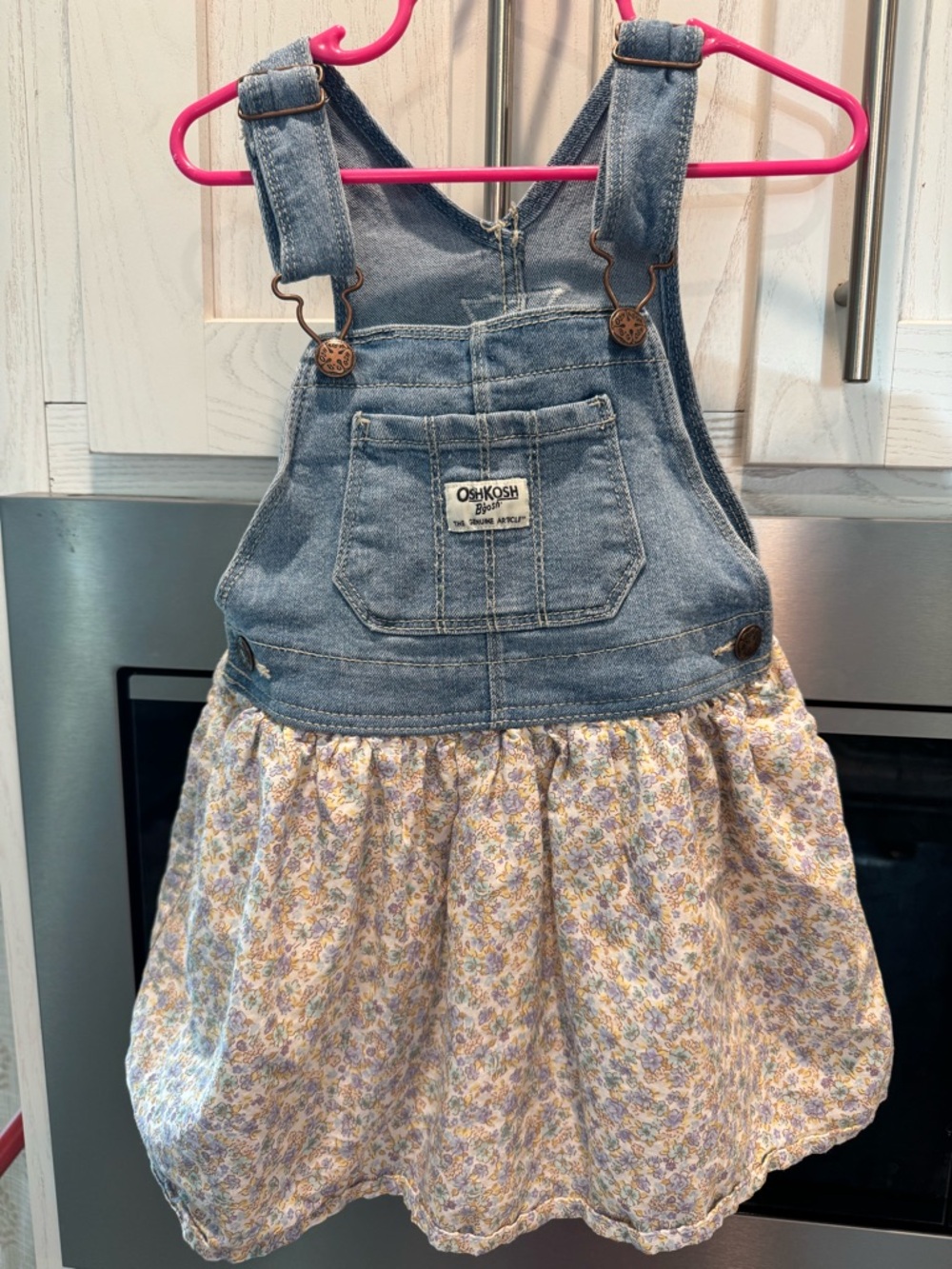 OshKosh B'gosh Denim Bib Floral Skirt Overall Dress - Blue, Purple, Yellow